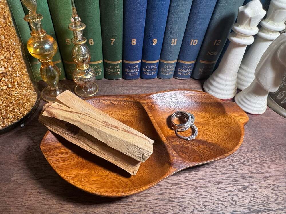 Vintage Wooden Trinket Tray - Carved Leaf, MCM Decor